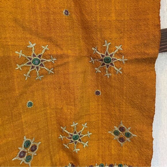 Hand Crafted Embroidered Scarf Made in India Fall Mustard Yellow Boho Detailed - Picture 4 of 4
